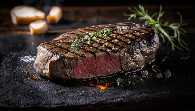 Photo a steak on a stone surface with a sprig of rosemary on it.
