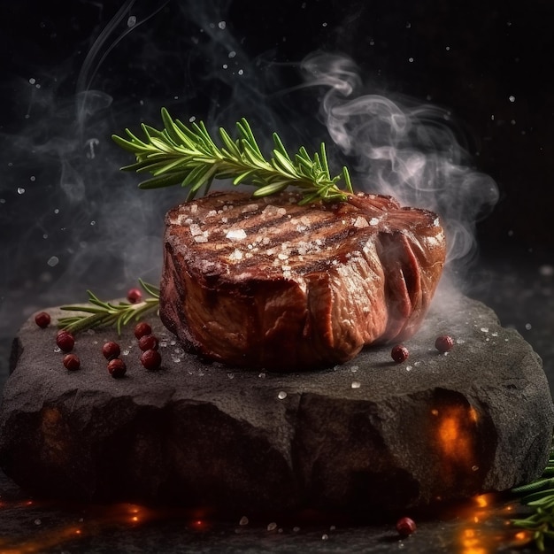 A steak on a stone with a sprig of rosemary on it