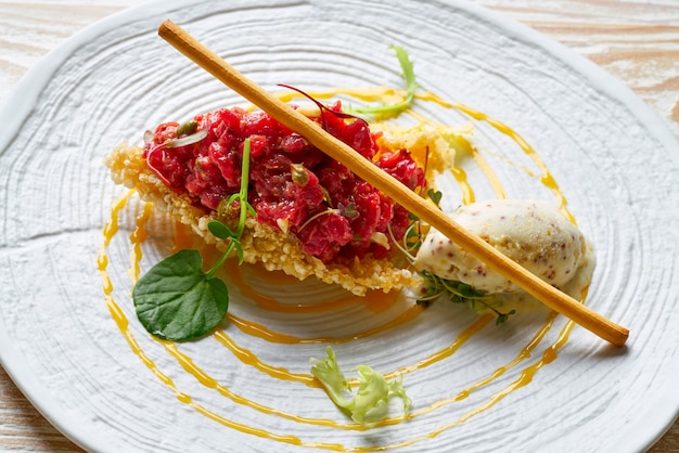 Steak Tartare with mustard ice-cream