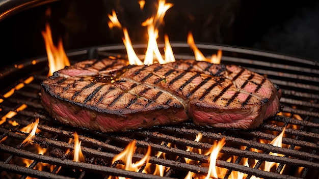 a steak that is on a grill with flames