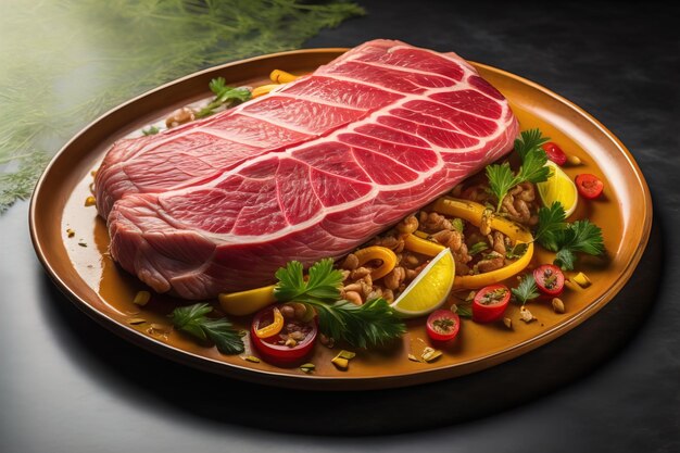 Steak van rauw rundvlees met ingrediënten voor het koken op houten achtergrond ai generatief