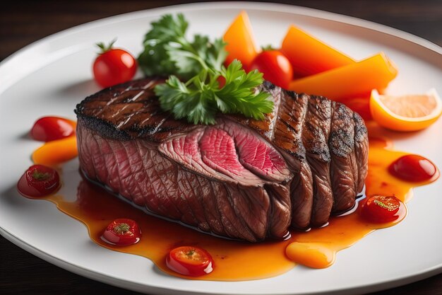 Steak van rauw rundvlees met ingrediënten voor het koken op houten achtergrond ai generatief