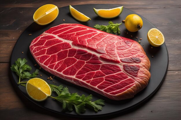 Steak van rauw rundvlees met ingrediënten voor het koken op houten achtergrond ai generatief