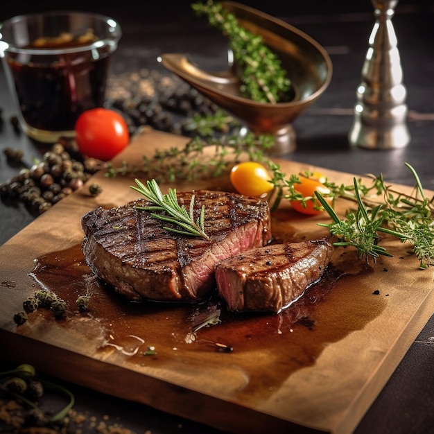 Steak and vegetables on a table with a bottle of wine.