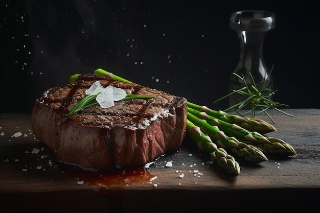 A steak with asparagus and a glass of water