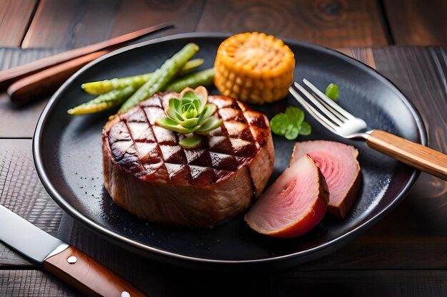 steak with asparagus and a side of vegetables