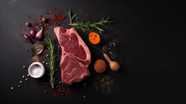 A steak with a bowl of spices on the table