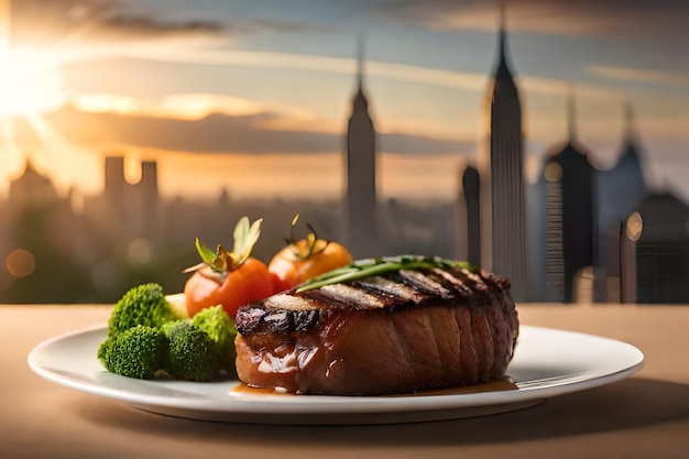 ブロッコリーと野菜のステーキを 背景に都市が描かれた皿に