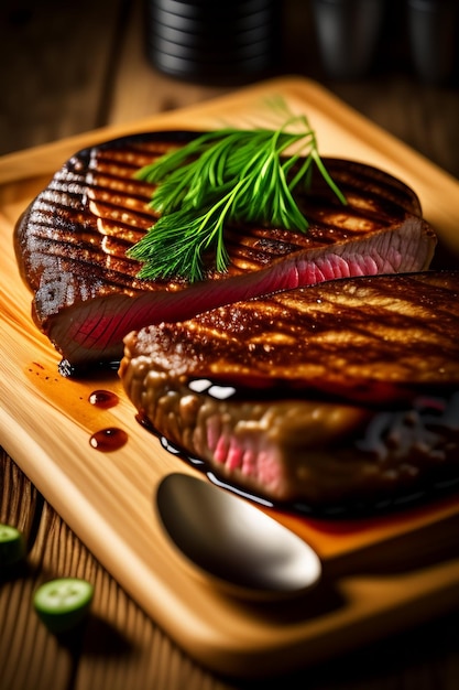 A steak with a dill on it sits on a wooden tray.