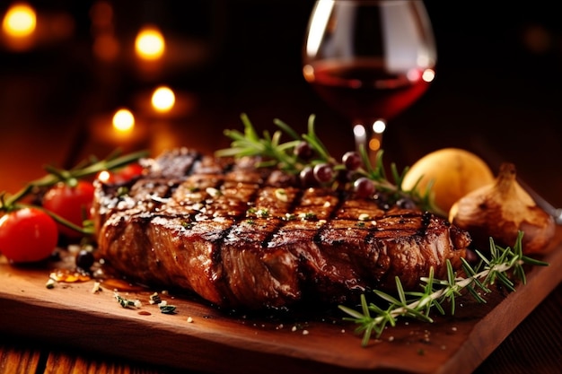 A steak with a glass of wine in the background