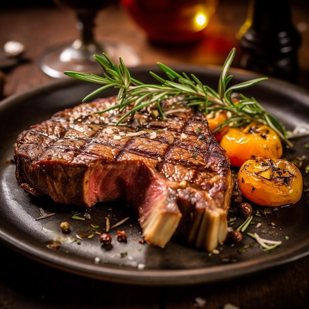 Foto una bistecca con un contorno verde si trova su un tavolo.