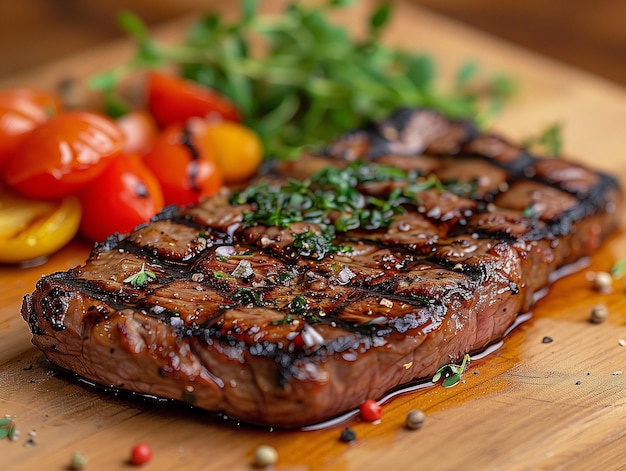 a steak with a green leaf on the top of it