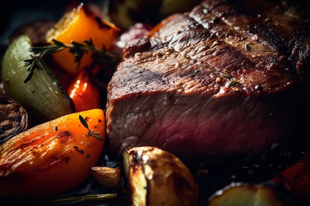 steak with grill marks and a side of roasted vegetables