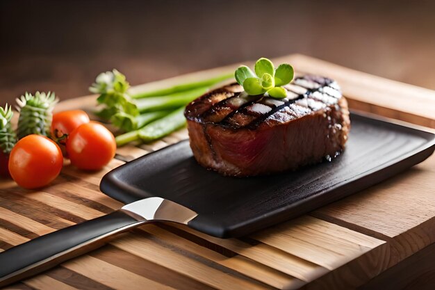 steak with a knife on a cutting board