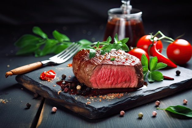 A steak with a knife and fork on a wooden table.