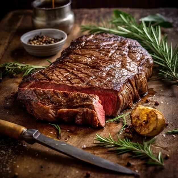 A steak with a knife and a knife on a table