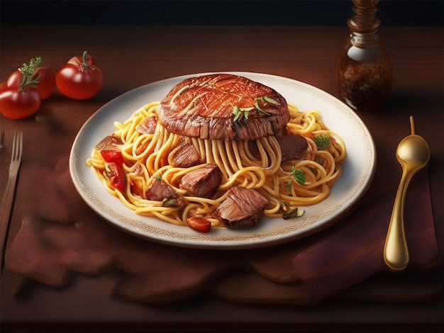 Steak With Mushroom and Spaghetti