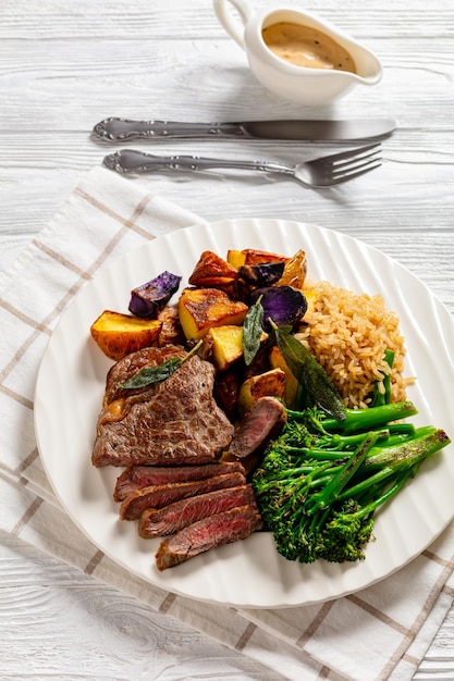 Steak with mustard sauce top view