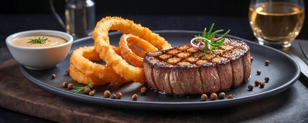 Steak with peppercorn sauce and onion rings parsley