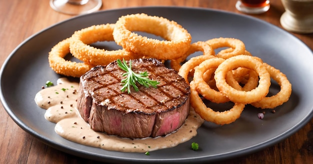 Photo steak with peppercorn sauce and onion rings parsley