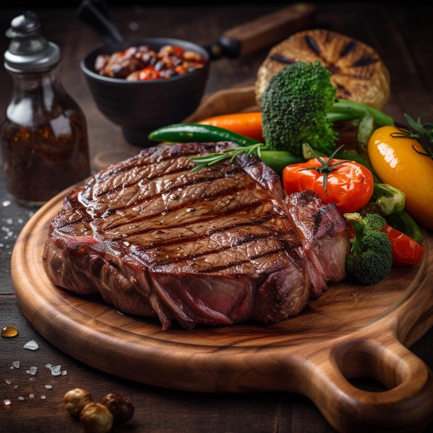 A steak with a piece of meat on it and vegetables on a wooden table.