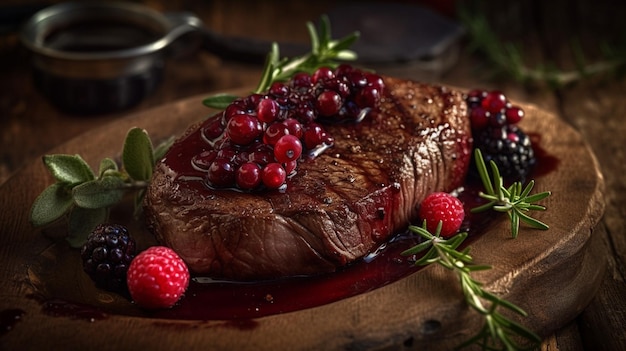 A steak with raspberries on top