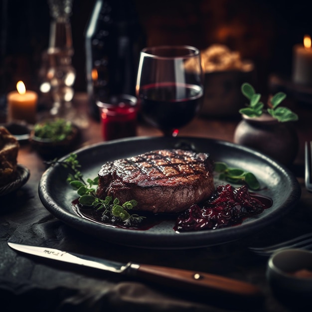 赤いソースがかかったステーキがワインを飲みながらテーブルの上に置かれています。