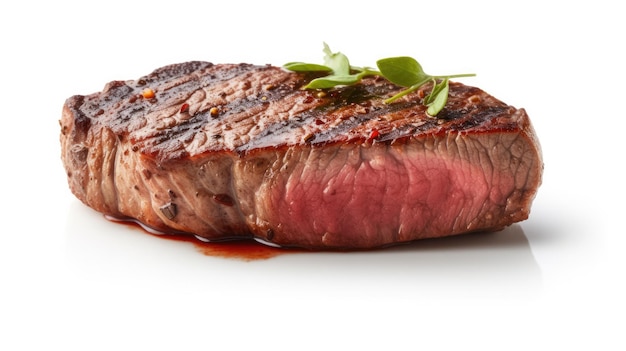A steak with a red stripe sits on a white background.