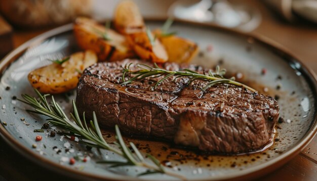 Steak with rosemary and baked potatoes