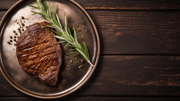 Steak with rosemary and spices on a wooden table Copy space View from above Macro photography