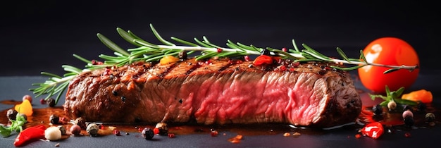 Steak with rosemary sprig on it