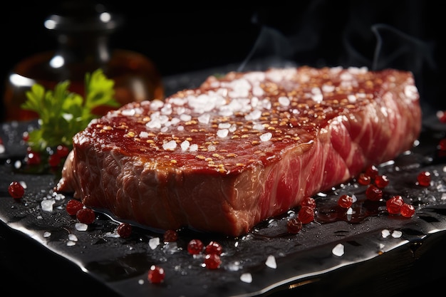 steak with salt and pepper on black background ai generated