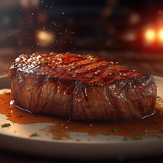 A steak with a sauce on it and the word steak on the top.