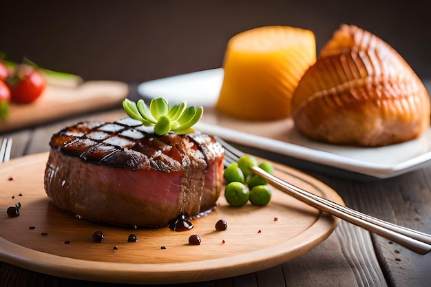 a steak with a side of green beans and a plate of food.