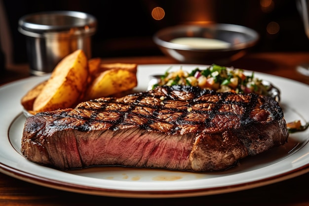 A steak with a side of potato salad on it