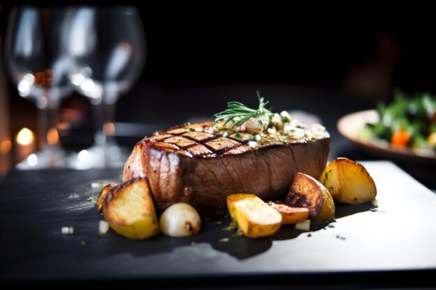 A steak with a side of potatoes on a table