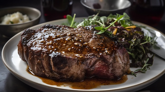 A steak with a side of salad on it