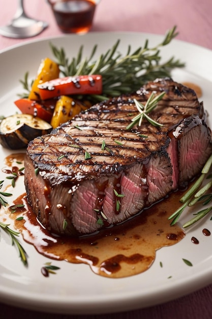 a steak with a side of vegetables and a side of vegetables.