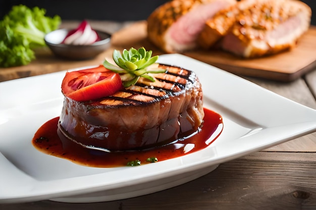 a steak with a slice of strawberry on it