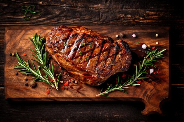 A steak with spices and herbs on a wooden background.