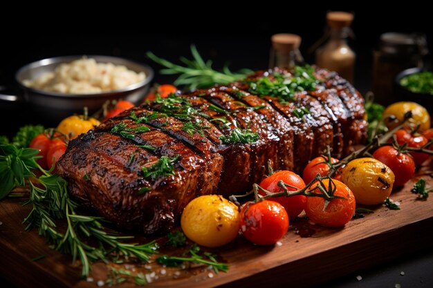 Photo steak with spices and herbs on wooden table