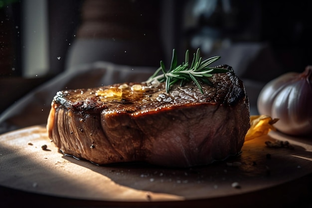 A steak with a spoon on the side