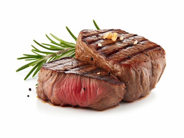 A steak with a sprig of green herb on it