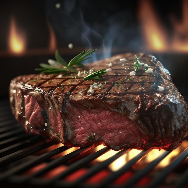 Photo a steak with a sprig of rosemary and herbs on it on a grill. grilled meat. ai generated