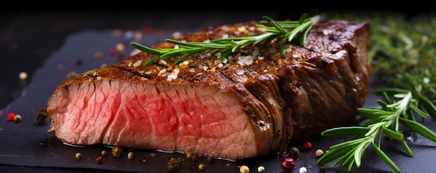 A steak with a sprig of rosemary on it