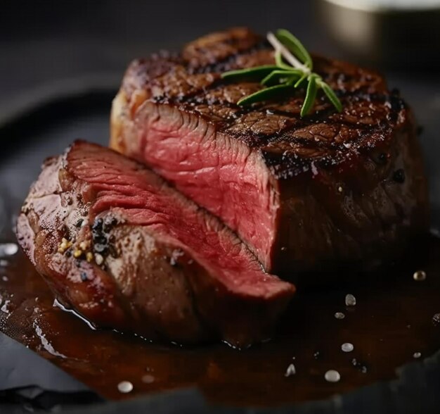 A steak with a sprig of rosemary on it