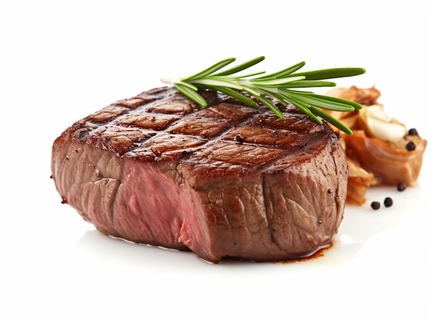 A steak with a sprig of rosemary on it