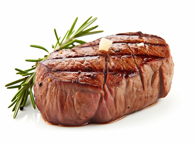 A steak with a sprig of rosemary on it