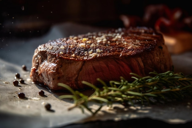 A steak with a sprig of rosemary on it