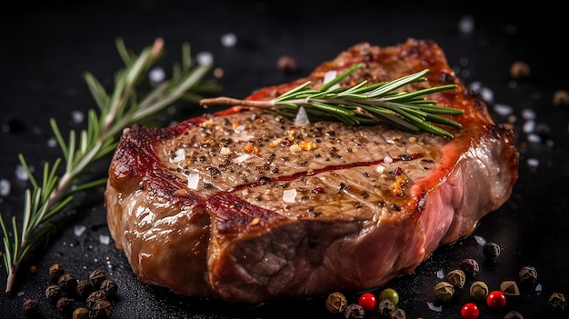 A steak with a sprig of rosemary on it